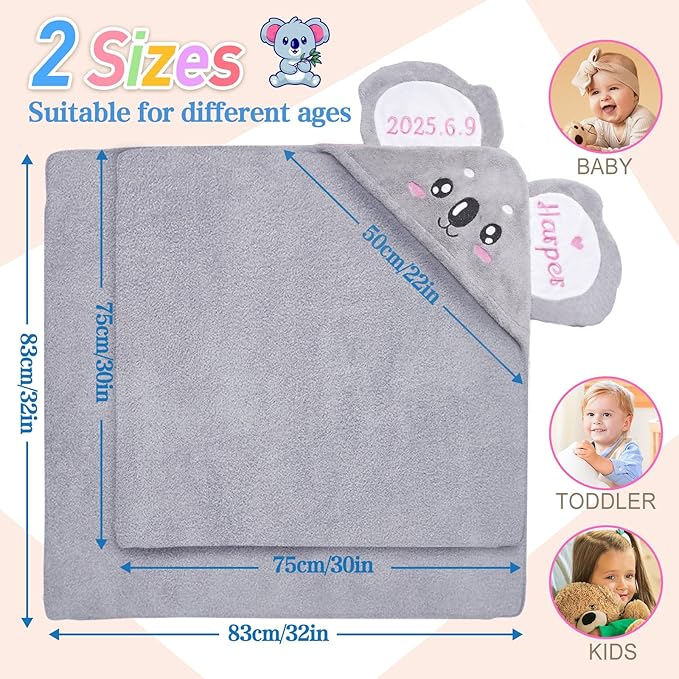 Baosity Custom Hooded Baby Towel with Name, Personalized Soft Absorbent Koala Bath Towel, Shower Towels for Girls Boys, Easter Brithday for Kids Baby, Toddler, Newborn Essential