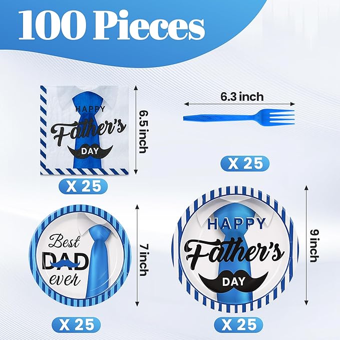 100 Pcs Father's Day Party Supplies for 25 Guests, Heavy-Duty 7" & 9" Paper Plates, 2-Ply 13" Napkins & Plastic Forks, Disposable Tie Theme Tableware Set for Dad BBQ Dinner Party