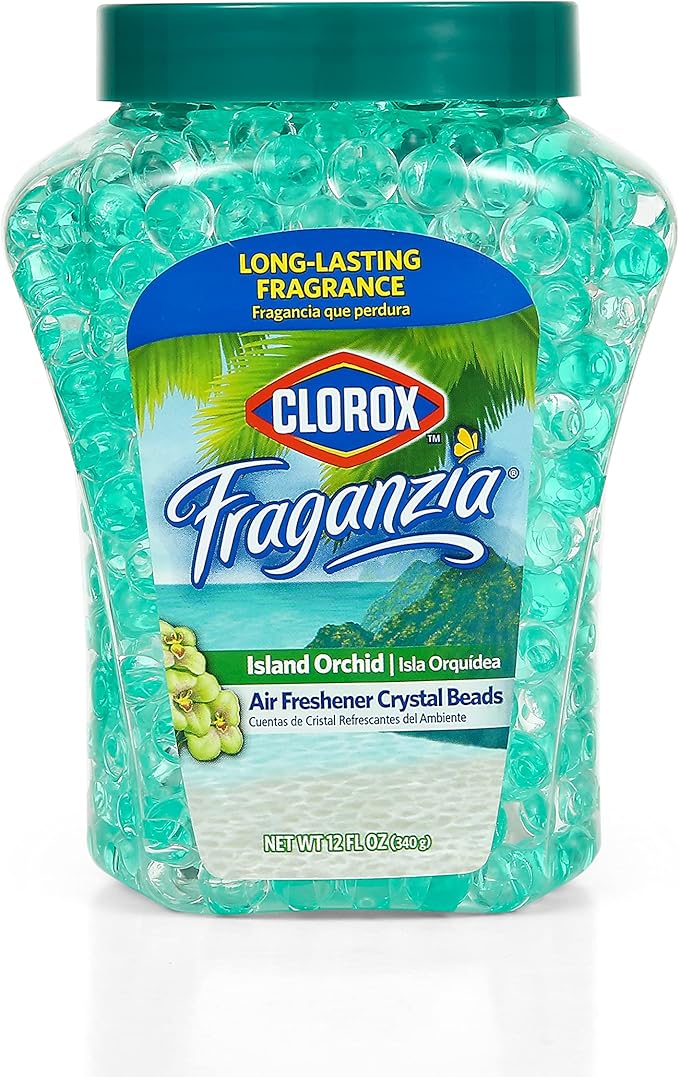 Clorox Fraganzia Crystal Beads Air Freshener, Long Lasting Room Deodorizer and Odor Eliminator Gel Beads to Freshen Home, Car, or Office, Island Orchid Scent, 12 Fl Oz