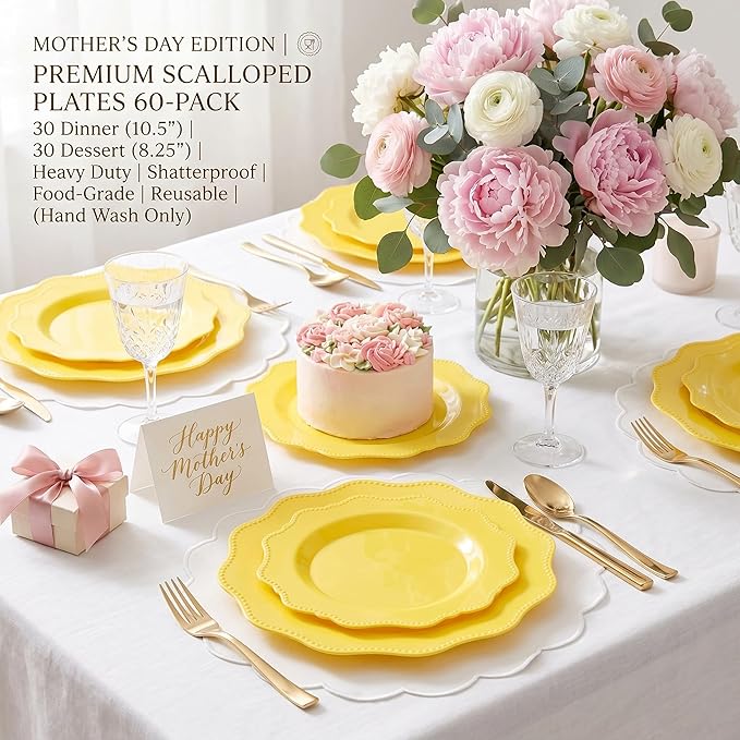 COLOSUS 60Pcs Lemon Yellow Plastic Plates, Mother's Plastic Plates.,Light Baby Yellow Party Plates, Heavy Duty 30 Dinner plate 10.5" and 30 Salad/Dessert Plate 8.25" for Wedding,Party