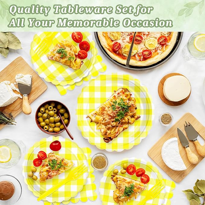 Mulbozy 100 Yellow Gingham Plates and Napkins Disposable Set Includes 25-9" & 25-7" Dessert Cake Scalloped Plates, Cocktail Napkins, Forks for for Holiday Party Supplies
