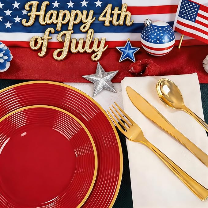 Liacere 100PCS Red Plastic Plates - Heavy Duty Disposable Plates - Red and Gold Plate 100PCS Dinner/Dessert Plate for Party & Graduation & Independence Day & Memorial day