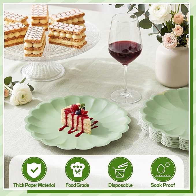 NatNarr 30 Pcs Sage Green Paper Plates 7.5 Inch Shell Edge Easter Plates Disposable Green Scalloped Paper Plate for Wedding Baby Shower Birthday Party Bridal Shower
