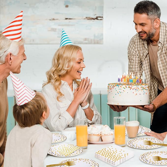 White and Gold Paper Plates and Napkins Party Supplies,Serves 25 Guests White Gold Plates and Napkins,Disposable Paper Tableware Set for Birthday Wedding Bridal Shower Baby Shower Decorations