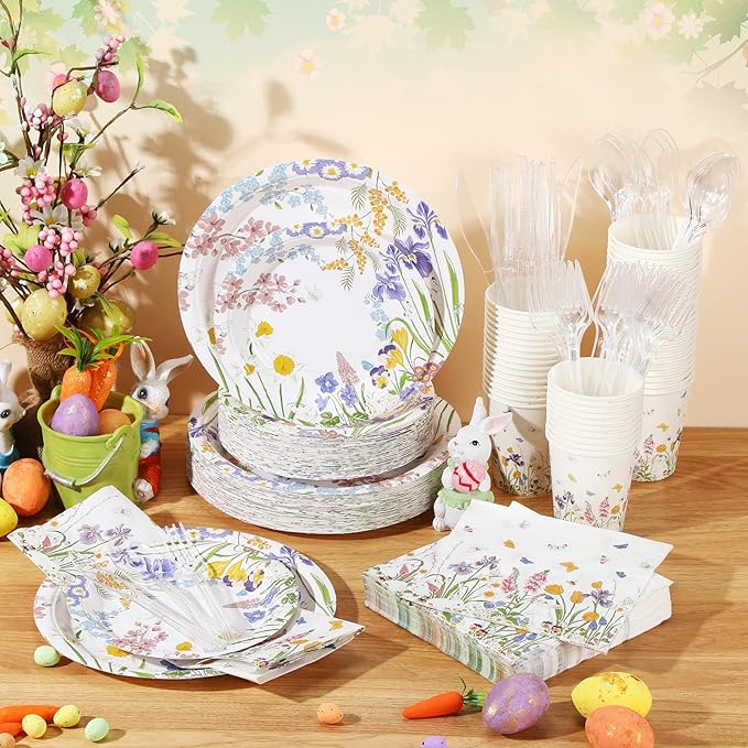 FillTouch 350 Pcs Floral Party Supplies Set Wildflower Disposable Paper Plates Flower Napkins Cups Knives Forks Spoons for 50 Guests Spring Summer Garden Tea Party Baby Shower Birthday