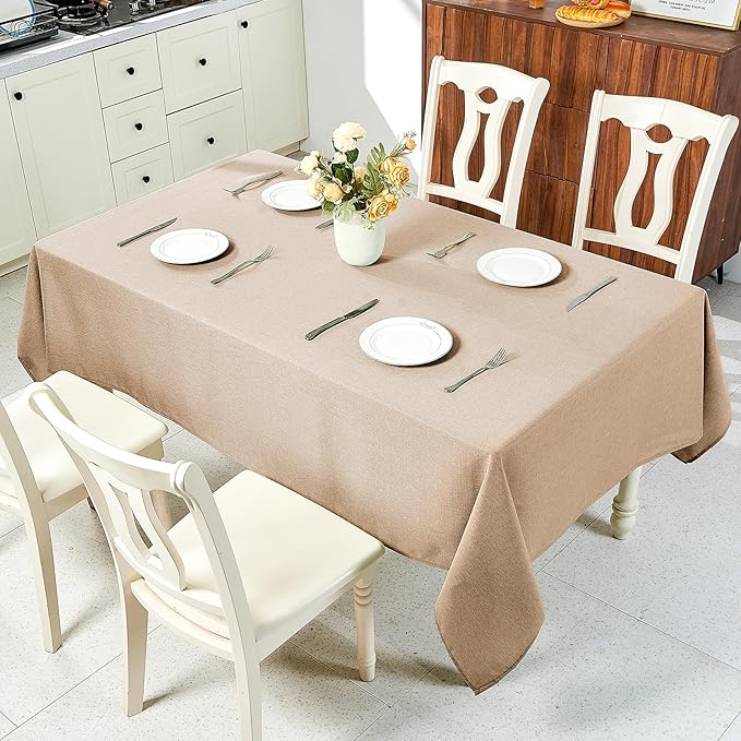 IVAPUPU Textured Linen Table Cloth for Rectangle Tables - Khaki Tablecloths Rectangular Waterproof Wrinkle Free Wipeable Dining Table Cover for Spring Wedding Birthday Kitchen Decor, 52 x 70 Inch