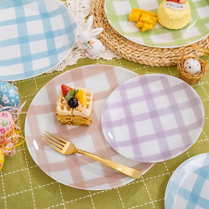 Liacere 32PCS Colorful Gingham Plastic Plates - Pink Green Gingham Plastic Plates Purple Blue 4 Colors Disposable Tableware Party Wedding Spring Holiday Supplies＆Summer ＆ Easter Day