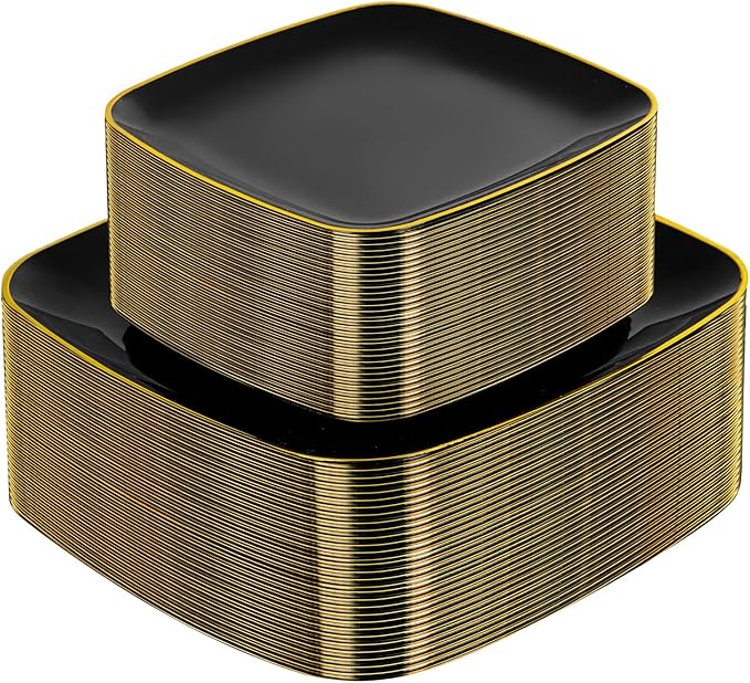 bUCLA 100PCS Black Plastic Plates with Gold Trim - Heavy Duty Black Gold Square Plates Disposable - Include 50 Each (Dinner & Dessert) for Party & Graduation