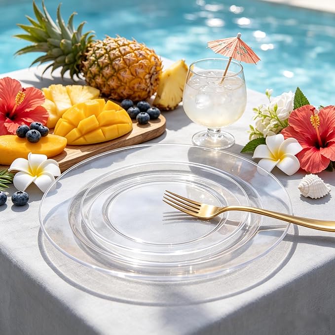 FLOWERCAT 60PCS Clear Plastic Plates - Disposable Clear Plates Heavy Duty for Christmas Party/Wedding/New Year - Include 30PCS 10.25inch Dinner Plates and 30PCS 7.5inch Dessert/Salad Plates