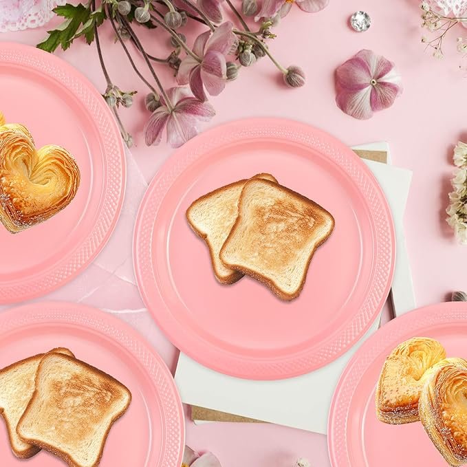 50 Count Pink Plastic Plates, 9 Inch Disposable Party Plates Dinner Plates for Birthday Wedding Party Supplies (Pink, 9 Inch)