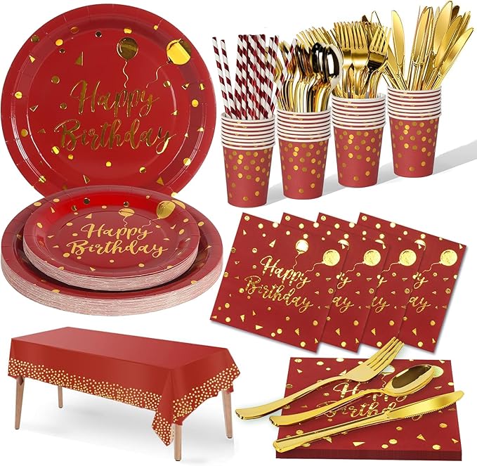 Nkaiso Birthday Plates Party Supplies Set, 161 PCS Burgundy Gold Disposable Party Tableware with Paper Plates Napkins Cups & Silverware, Elegant Birthday Party Plates for Adults, Serves 20
