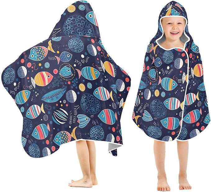 Kids Hooded Towels Colorful Tropical Fish Swimming Beach Towel 23.5" x 50" Bath Towel for Boys Girls 21216192