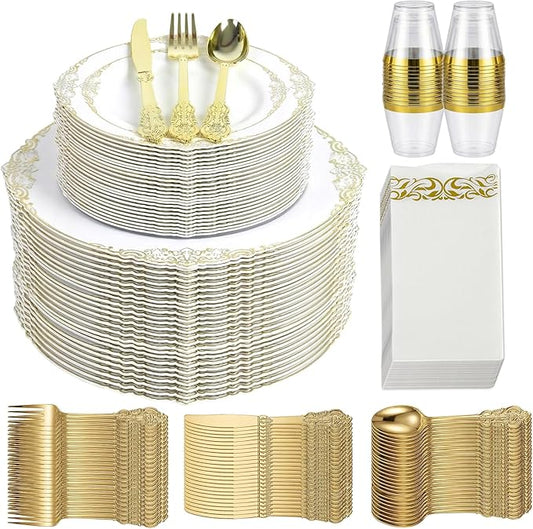 Gold Plastic Dinnerware Sets for 25 Guests - Gold Plastic Plates - 50 Disposable Plates, 75 Silverware, 25 Cups, 25 Napkins for Wedding & Party