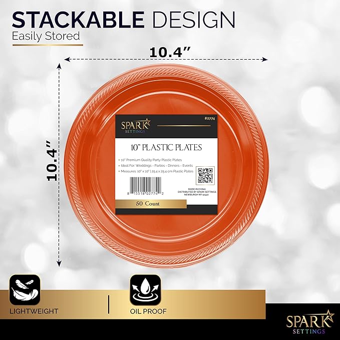 Amcrate Disposable Plastic Plates Orange, 10.4 Inches Plastic Dinner Plates, Strong and Sturdy Disposable Plates for Party, Dinner, Holiday, Picnic, or Travel Party Plates, Pack of 50