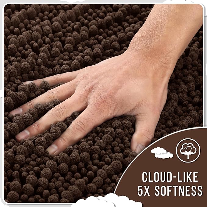 Yimobra Bathroom Rugs Non Slip Washable - Ultra Soft Absorbent Chenille Bath Mat, Quick Dry Shaggy Floor Carpet for Tub Shower, Brown Home Decor Accessories, 24x17 Inch