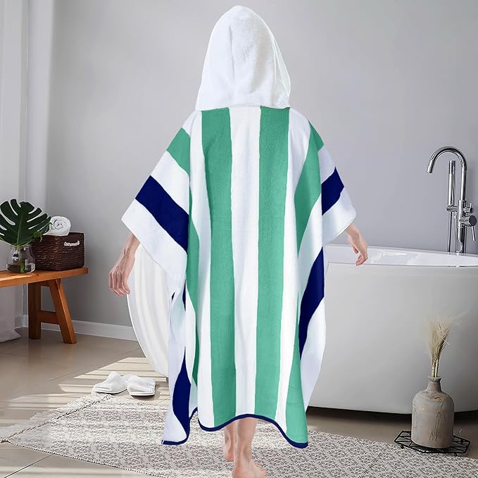 VOOVA & MOVAS Big Kid Hooded Towel, Absorbent Cotton Thick Hooded Towel Robe for Teens,Perfect for Pool, Beach, Bath, Green Blue White Stripe