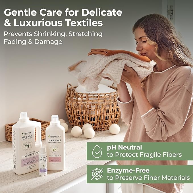 Heritage Park Silk & Wool Fragrance Free, Hypoallergenic, pH-Neutral Laundry Detergent - Dermatologist-tested, Sensitive Skin-Friendly, Enzyme-Free, Concentrated Up to 64 loads (32 fl oz)