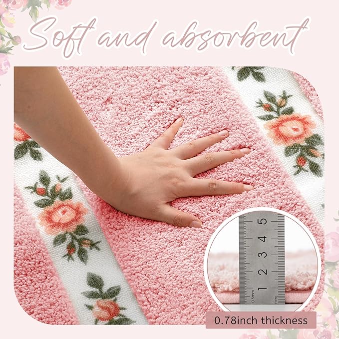 Drydiet 3 Pcs Rose Flowers Bathroom Rugs Set Coquette Room Decor Floral Carpet for Bathroom Bedroom Living Room, Floral Bath Mat Non Skid Romantic Rose Flower Area Rugs 3 Shapes (Pink,Large)