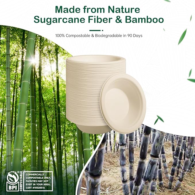 32 oz 68-Pack Large Compostable Paper Bowls, Disposable Meal Prep & Takeout Bowls, Heavy-Duty Bagasse Bowls for Ramen, Salad & Large Portions, Microwave & Freezer Safe, Eco-Friendly(Natural)
