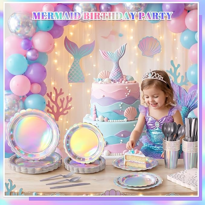 175 Pcs Iridescent Party Decorations Include 25 guest Scalloped Holographic Sliver Paper Plates and Napkins Set for Birthday, Bachelorette, Mermaid, Disco, Frozen