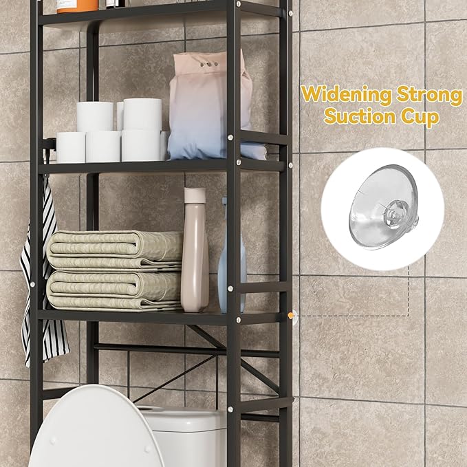 Over The Toilet Shelf, 3-Tier Adjustable Freestanding Metal Bathroom Organizer Shelves with Hooks,Space-Saving for Narrow Small Bathroom,18.9" Wx7.9 D x65 H