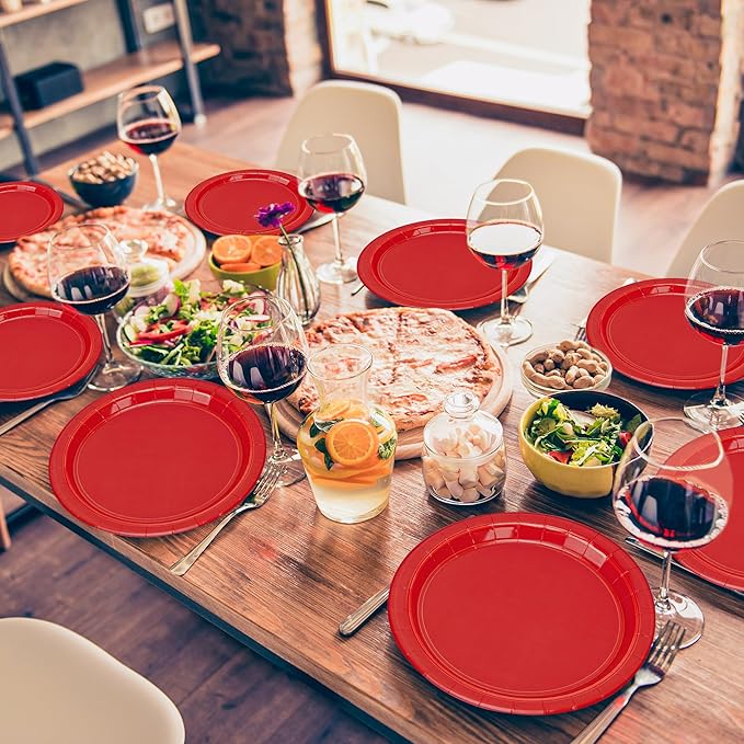QZYL 50 PCS Paper Plates, Red Heavy Duty Party Plates, Round 9 Inches Disposable Paper Dinner Plates, Everyday Use Plates Set for Daily Meals Wedding Christmas Picnic Supplies