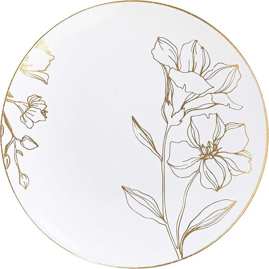 [6'' Plates 40 Count] White Plastic Floral Design Party Plates With Gold Rim Premium heavyweight Elegant Disposable Tableware Dishes