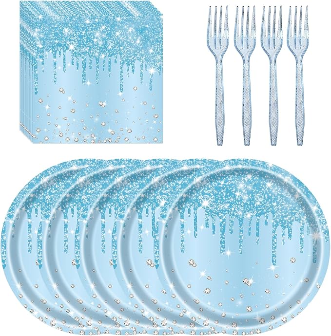 72 Pcs Blue Glitter Paper Plates 7in Disposable Paper Dessert Plates Napkins and Forks Party Tableware Set Decoration Supplies for Baby Shower, Christmas Blue Birthday Wedding Theme Party, Serve 24