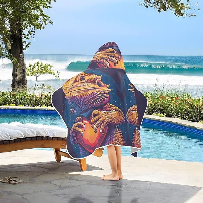 Hooded Towel for Kids Lizards Holding Love Heart Beach Wrap Bath Towels 50x23.5in