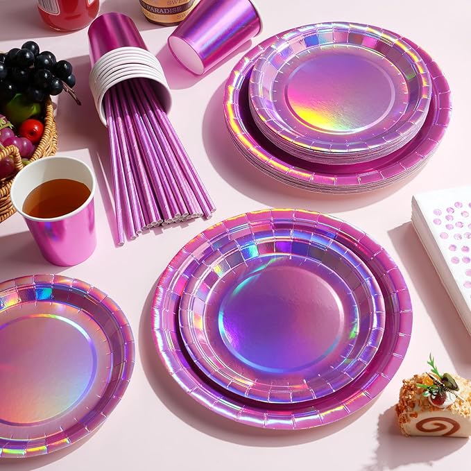 Iridescent Pink Party Supplies Decorations Serve 50, Hot Pink Holographic Paper Plates and Napkins Set, Disposable Pink Paper Plates Cups Knives Spoons Fork for Mermaid Disco Kpop Birthday Party Decor