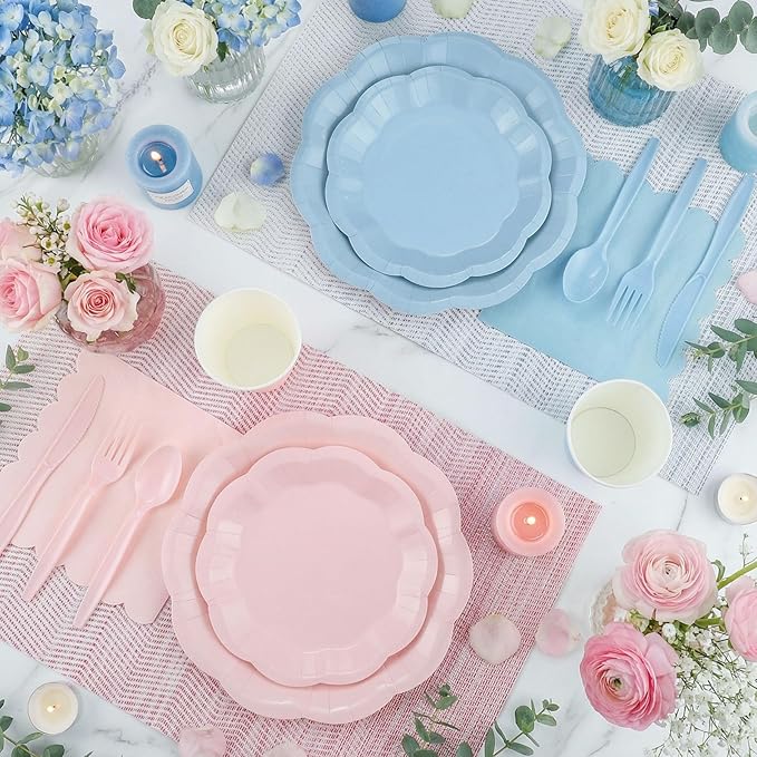 NatNarr 350 Pcs Baby Gender Reveal Party Supplies Include Scalloped Plate Napkin Cup Forks Knives, Light Pink and Light Blue Plastic Cutlery 50 Guest Disposable Party Tableware Set for Baby Shower