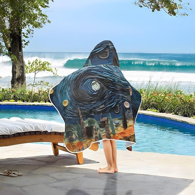 Hooded Towel for Kids House and Starry Night Oil Painting Beach Wrap Bath Towels 50x23.5in