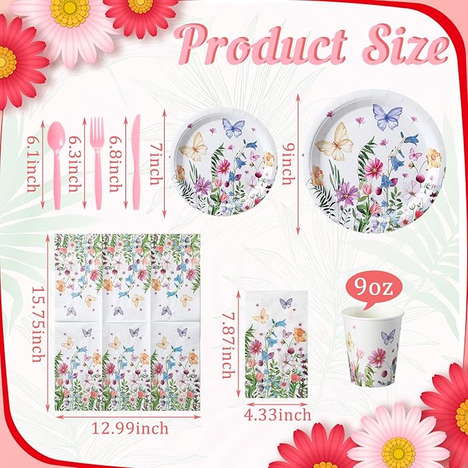 Sinmoe 400 Pcs Spring Plates and Napkins Set Paper Flower Dinnerware Disposable Party Supplies for 50 Guest Dinnerware Knife Fork Spoon for Spring Birthday Party (Popular Color,Wildflower)