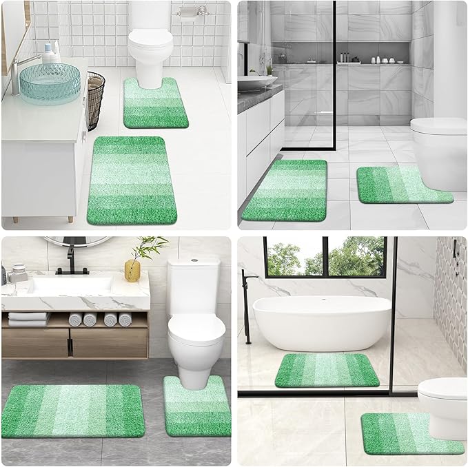 OLANLY Bathroom Rugs Sets 3 Piece, Soft Absorbent Microfiber Bath Mats and U-Shaped Contour Toilet Rug, Plush Shaggy Bath Mat Set for Bathroom (36"x24"+24"x16"+24"x20", Green)