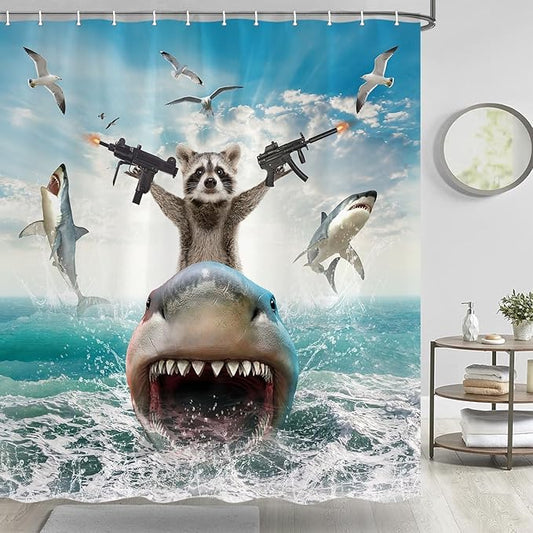 TOMOZ Funny Animal Shower Curtain, Cool Raccoon Riding Shark Theme Ocean Shower Curtain for Bathroom, Fun Nautical Kids Children Fabric Bath Curtain with 12 Hooks 69 x 84Inch
