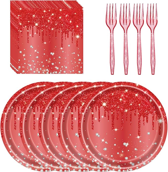 72 Pcs Red Glitter Paper Plates 7in Disposable Paper Dessert Plates Napkins and Forks Party Tableware Set Happy Birthday Table Decorations for 24 Guests Christmas Valentine's Day Red Birthday Party