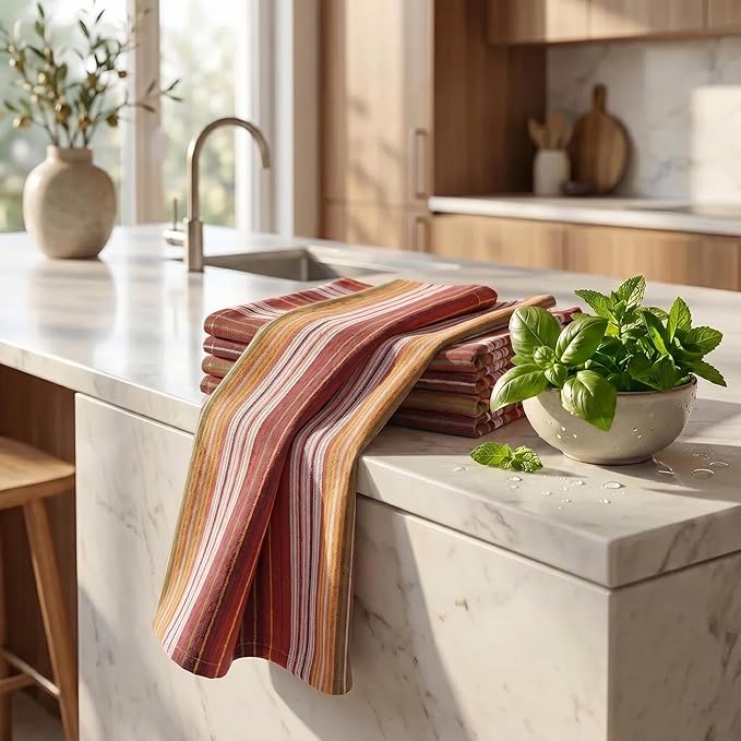 Urban Villa Kitchen Towels Harvest Stripes Towels Set of 6 20" X30” 100% Cotton Highly Absorbent Quick Drying Dish Cloths & Dish Towels Thanksgiving Fall Tea Towels with Hanging Loop Towels