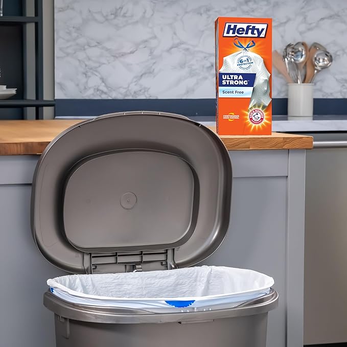 Hefty Ultra Strong 13 Gallon Trash Bags, Tall Kitchen Trash Bags 13 Gallon Size, Drawstring Closure, Continuous Odor Control, White, Unscented, 40 Bags (Pack of 6)