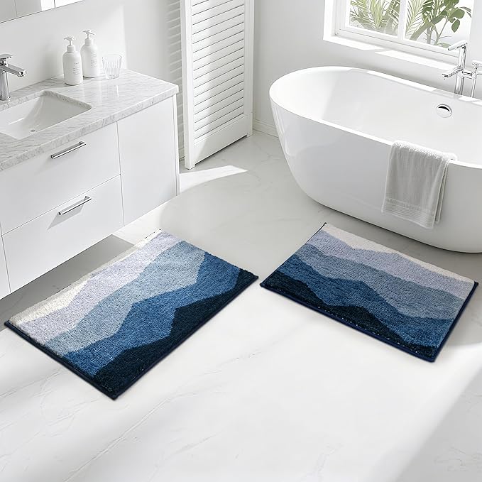 Sunlit 2 Pieces Bathroom Rugs Set, Ombre Blue Bathroom Rugs Non-Slip Absorbent Soft Bath Mat Set, Floor Mats Dry Fast Machine Washable (20"x30"&17"x24")