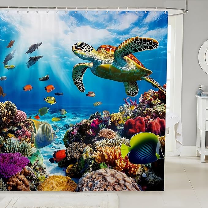 Sea Turtle Waterproof Shower Curtain for Boys Child,Ocean Fish Bath Curtain for Kids Man,Sealife Reptile Creature Shower Curtain Set,Colorful Coral Under Sea Reef Bathroom Accessories 72"Wx84"L