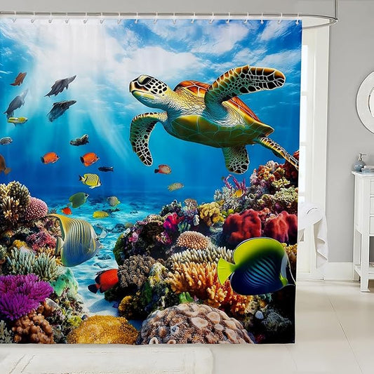 Sea Turtle Waterproof Shower Curtain for Boys Child,Ocean Fish Bath Curtain for Kids Man,Sealife Reptile Creature Shower Curtain Set,Colorful Coral Under Sea Reef Bathroom Accessories 72"Wx84"L