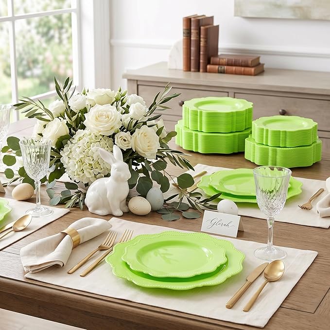 COLOSUS Green Plastic Plates 60Pcs, Light Green Disposable Party Plates, Heavy Duty Plastic plates include 30 Dinner plate 10.5" and 30 Salad/Dessert Plate 8.25" for Mother's Day,Party,Dinner