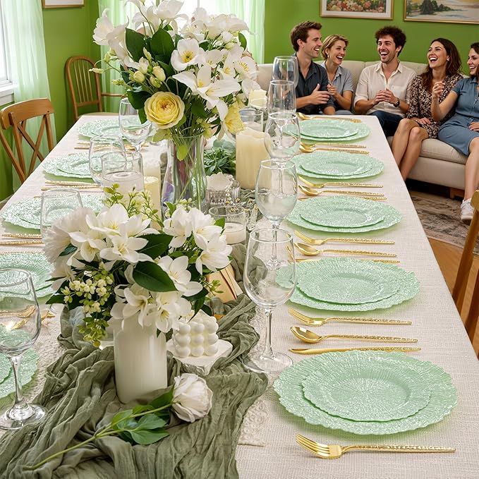DaYammi 60 PCS Green Plastic Plates,Reef Plate Disposable & Reusable-Heavy Duty Plastic Plates for Party Including 30 Dinner Plate, 30 Dessert Plate,Green Disposable plates for Dinner Parties