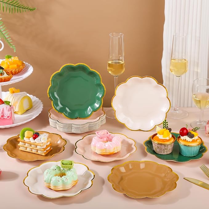 AimFun 24Pcs Woodland Scalloped Party Plates 7 Inch Sage Green Brown Disposable Dessert Plates Gold Foil Border Paper Plates for Birthday Baby Shower Wedding Forest Themed Party Supplies