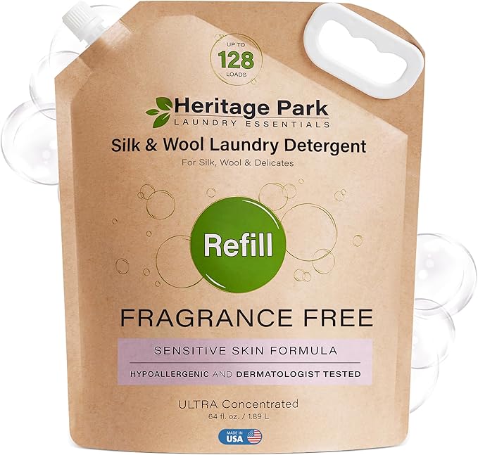 Heritage Park Silk & Wool Fragrance Free, Hypoallergenic, pH-Neutral Laundry Detergent - Dermatologist-tested, Sensitive Skin-Friendly, Enzyme-Free, Ultra Concentrated (64 fl oz Refill)