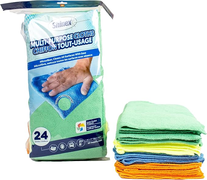 Wi-Supply Microfiber Towels 24 Pack - True to Size 14 x 14, Stitch Free, Washable, Reusable Cleaning Cloths, No Residue Rags for Dusting, Washing, Scrubbing, Drying, Polishing, Assorted Colors 860 GSM