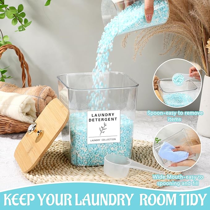 Reallnaive 5 Pcs Laundry Room Organization Storage Containers 4 Large 3L Laundry Pod Containers and Dryer Sheet Holder with Bamboo Lids 18 Labels 4 Scoops for Detergent Powder Laundry Organizer