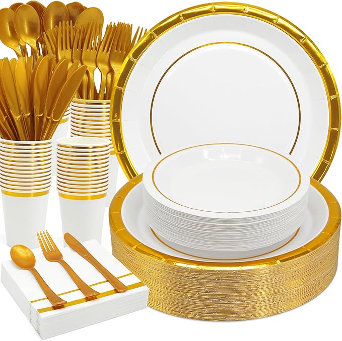 AIRE 175PCS White Gold Paper Plates Party Supplies Dinnerware Sets for 25 Guests, Disposable Paper Party Plates, Cups and Napkins, Gold Plastic Forks Knives Spoons for Wedding Birthday BBQ Parties