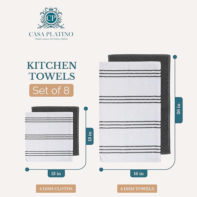 Casa Platino Kitchen Towel Set 8 Pc - 4 Dish Towels (16"x26") & 4 Dish Cloths for Washing Dishes (13"x13") - Absorbent Tea Towels, Quick Drying & Durable Cleaning Cloths, Easy Care Wash Rags - Grey.
