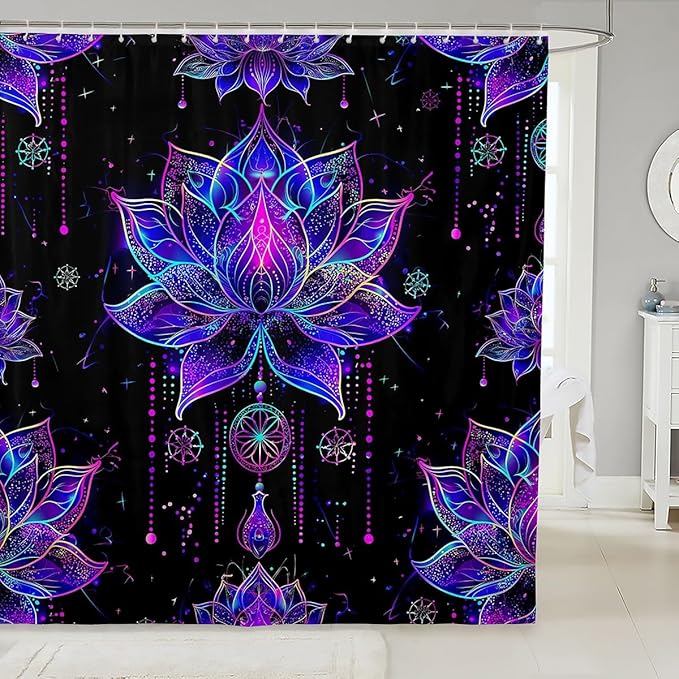 Erosebridal Lotus Shower Curtain Dreamy Mandala Bath Curtain,Boho Floral Shower Curtain Set Exotic Tribal Damask Flowers Artsy Nordic Psychedelic Bohemian Decor,Teal Purple 72" Wx84 L